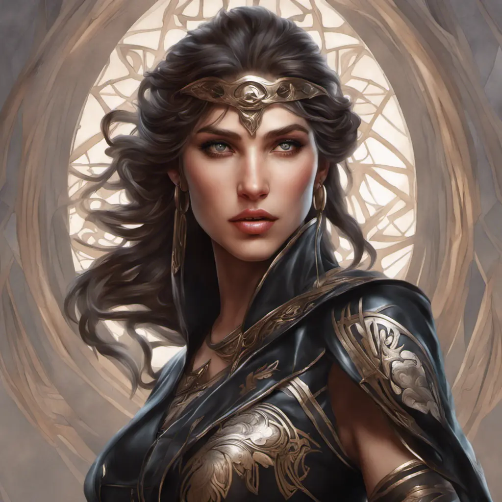 Alluring matte portrait of a beautiful Kassandra wearing black leather, 8k, Highly Detailed, Intricate, Half Body, Realistic, Sharp Focus, Volumetric Lighting, Fantasy, Elegant by Stanley Artgerm Lau, Alphonse Mucha, WLOP