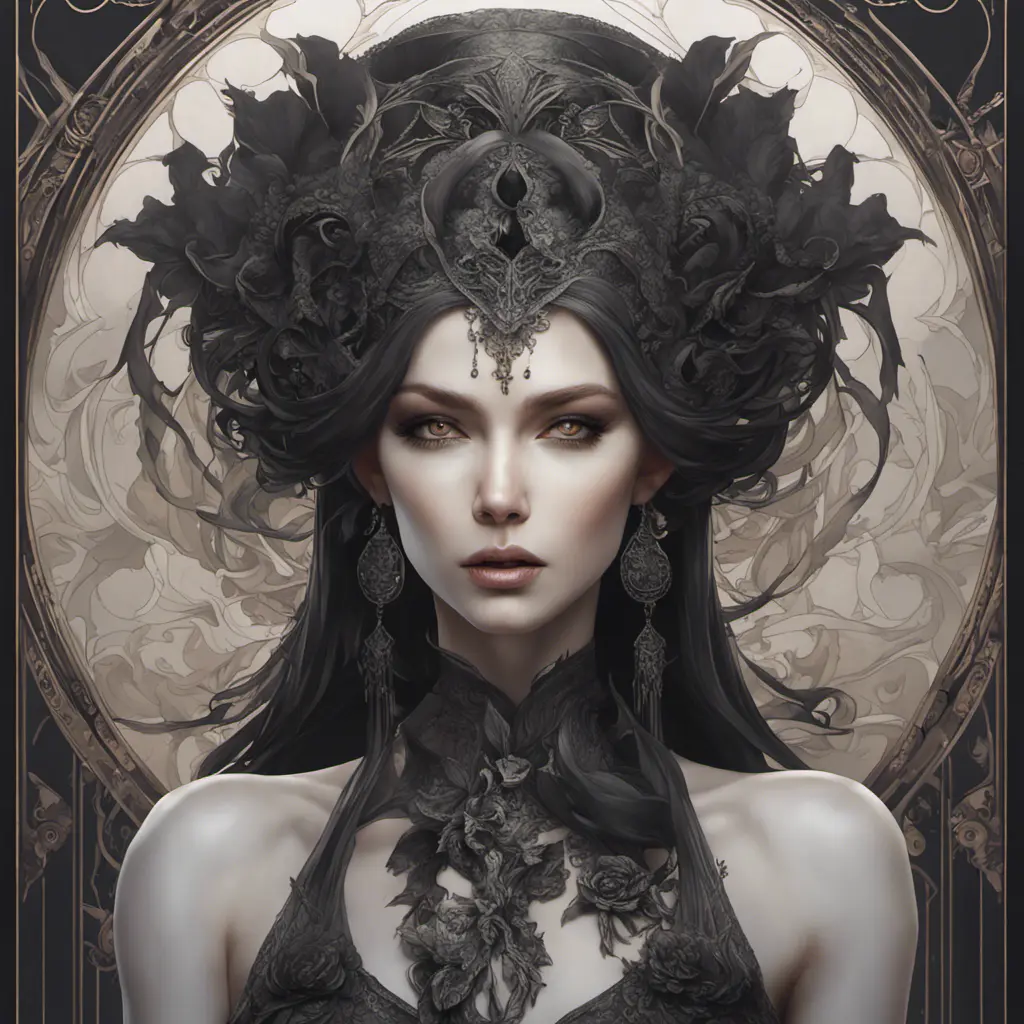 Alluring matte portrait of the beautiful goddess of death Ker in black, 8k, Highly Detailed, Intricate, Realistic, Sharp Focus, Volumetric Lighting, Fantasy, Elegant by Stanley Artgerm Lau, Alphonse Mucha, WLOP