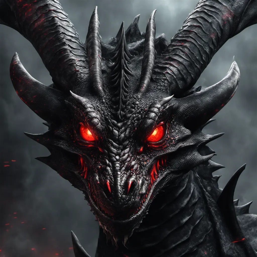 a black dragon with red eyes in 2d, 4k resolution, 8k, HDR, High Definition, High Resolution, Highly Detailed, Hyper Detailed, Ultra Detailed, Closeup of Face, Gothic and Fantasy, Gothic, Horns, Large Eyes, Soft Details, Strong Jaw, Digital Illustration