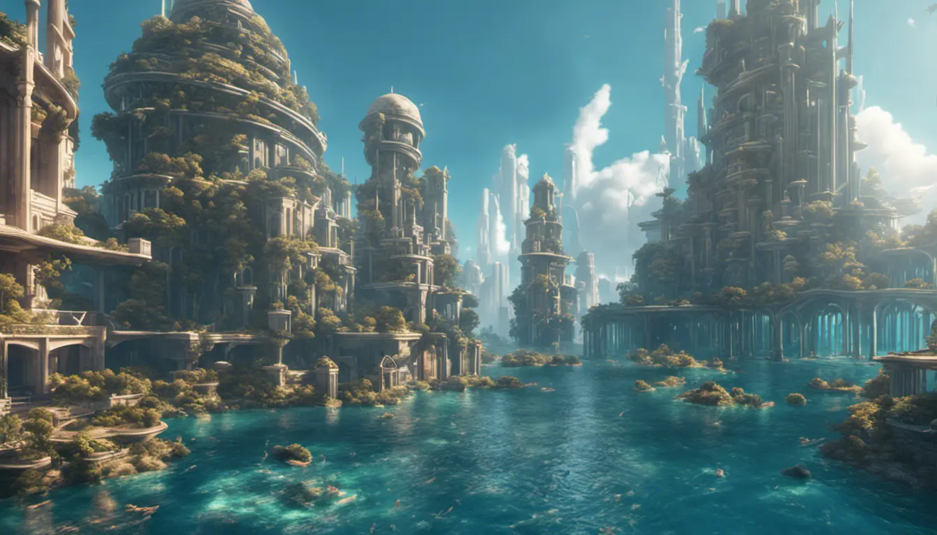 Matte portrait of a thriving undewater city of Atlantis, Highly Detailed, Beautiful, Stunning, Realistic, Octane Render, Unreal Engine, Volumetric Lighting, Vibrant Colors