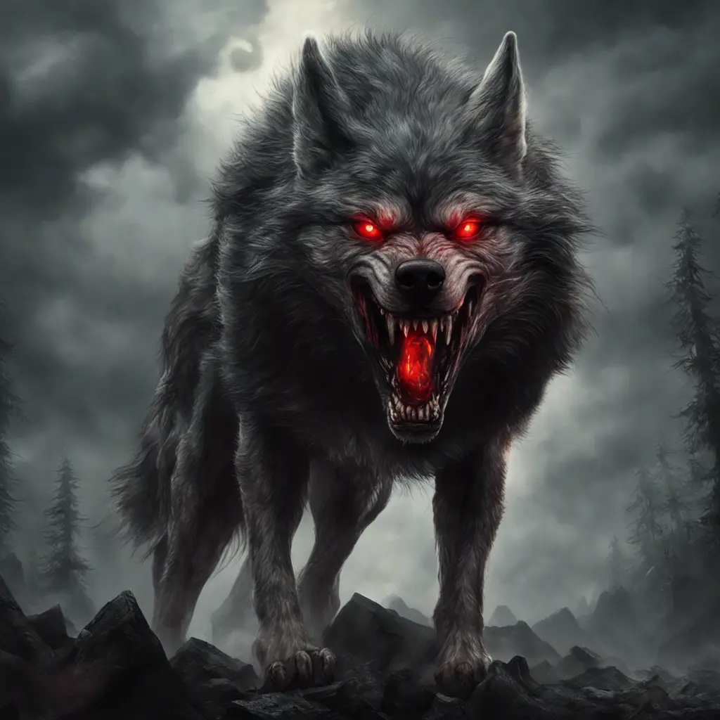 large evil wolf howling, red eyes, big teeth, 4k, 4k resolution, 8k, Eldritch, Foreboding, HD, High Definition, High Resolution, Highly Detailed, HQ, Digital Illustration, Matte Painting, Spring, Fantasy, Apocalyptic, Doom, Ominous, Terrifying, Threatening, Unnerving by Stefan Kostic