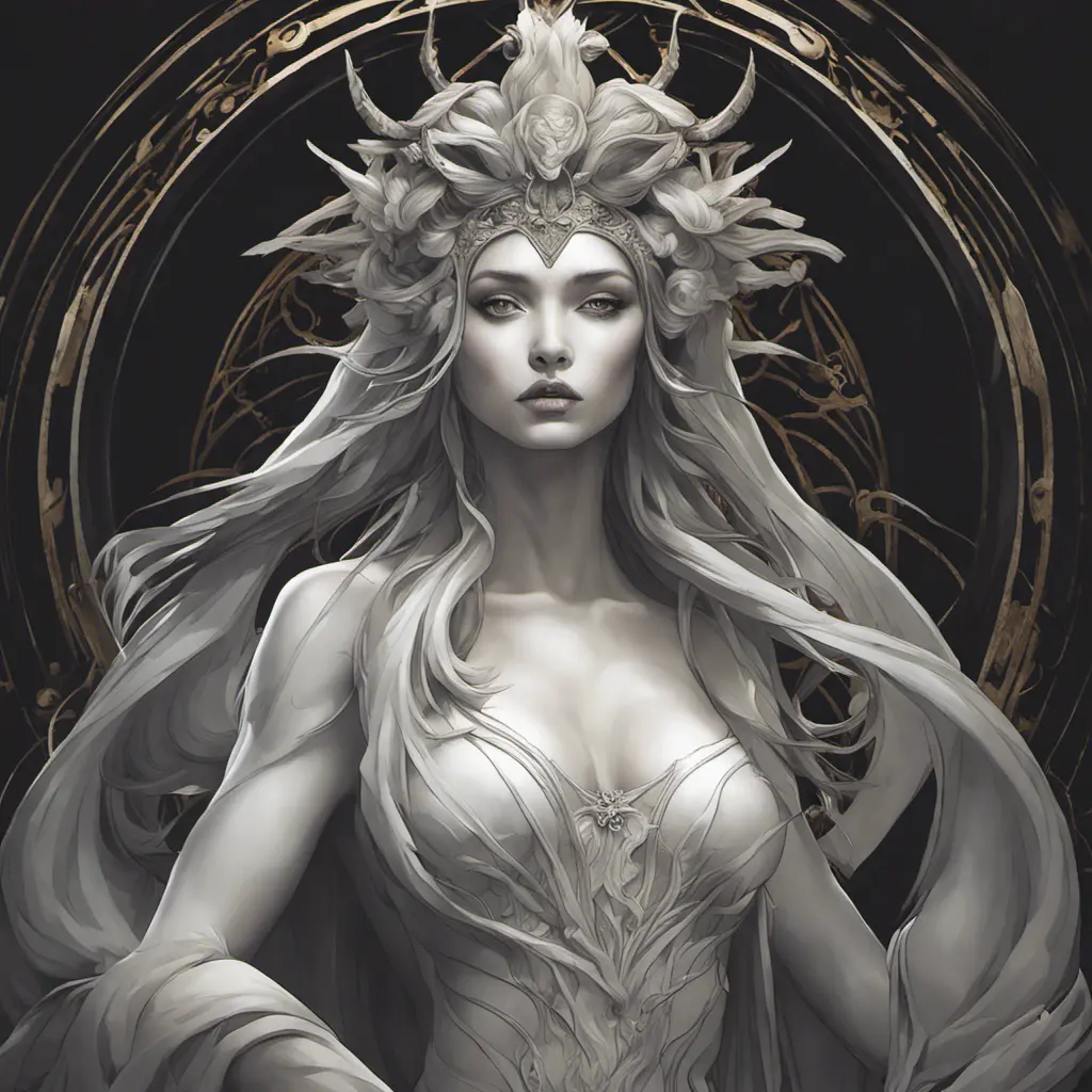 Alluring matte portrait of the beautiful goddess of death Ker in black, 8k, Highly Detailed, Intricate, Realistic, Sharp Focus, Volumetric Lighting, Fantasy, Elegant by Stanley Artgerm Lau, Alphonse Mucha, WLOP