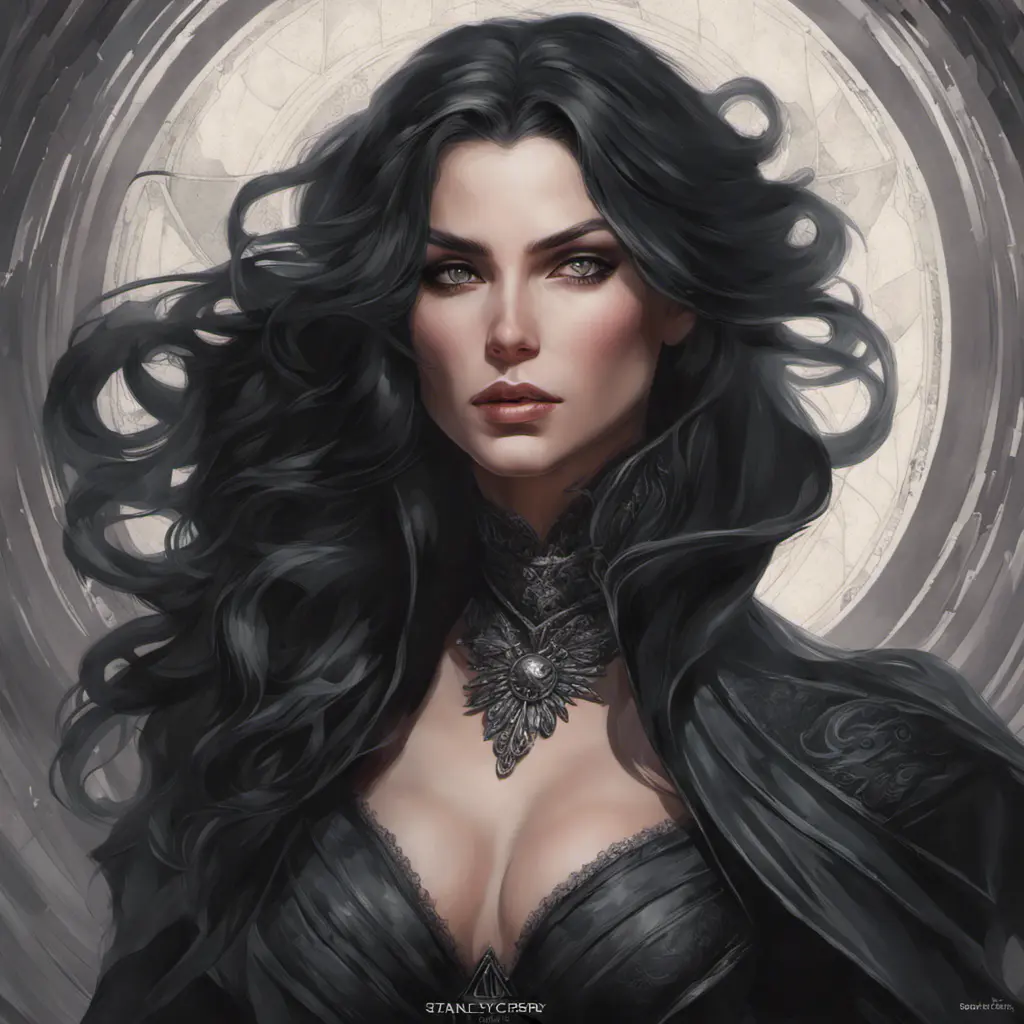 Alluring matte portrait of a fierce beautiful Yennefer in black, 8k, Highly Detailed, Intricate, Half Body, Realistic, Sharp Focus, Volumetric Lighting, Fantasy, Elegant by Stanley Artgerm Lau, Alphonse Mucha, WLOP, Stefan Kostic