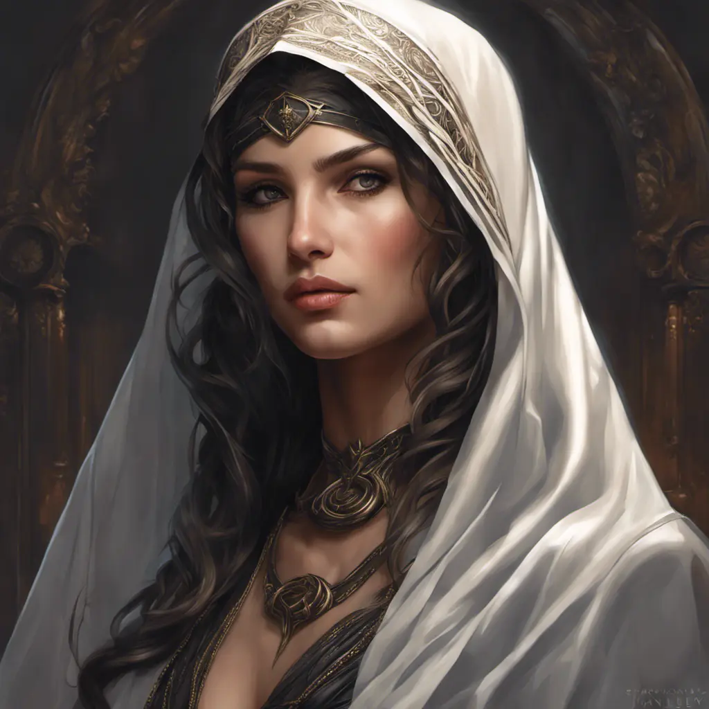 Alluring matte portrait of a beautiful veiled Kassandra wearing a black veil, 8k, Highly Detailed, Intricate, Half Body, Realistic, Sharp Focus, Volumetric Lighting, Fantasy, Elegant by Stanley Artgerm Lau, Alphonse Mucha, WLOP