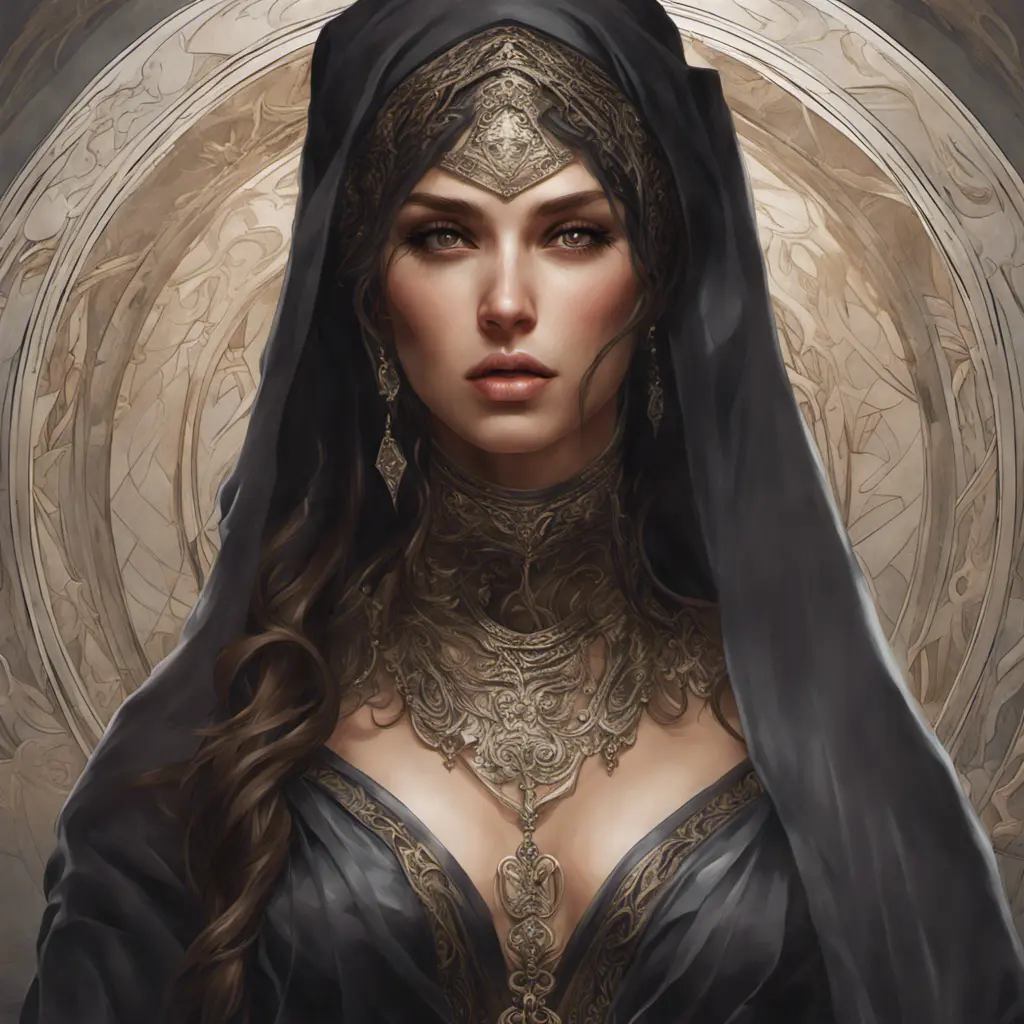 Alluring matte portrait of a beautiful veiled Kassandra wearing a black veil, 8k, Highly Detailed, Intricate, Half Body, Realistic, Sharp Focus, Volumetric Lighting, Fantasy, Elegant by Stanley Artgerm Lau, Alphonse Mucha, WLOP