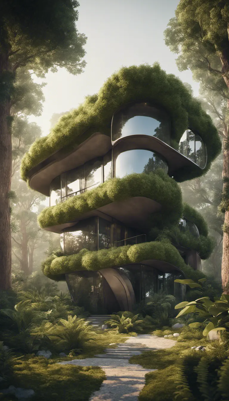 Beautiful futuristic organic house made from imaginary plants in a forest, 8k, Award-Winning, Highly Detailed, Beautiful, Epic, Octane Render, Unreal Engine, Radiant, Volumetric Lighting by Greg Rutkowski