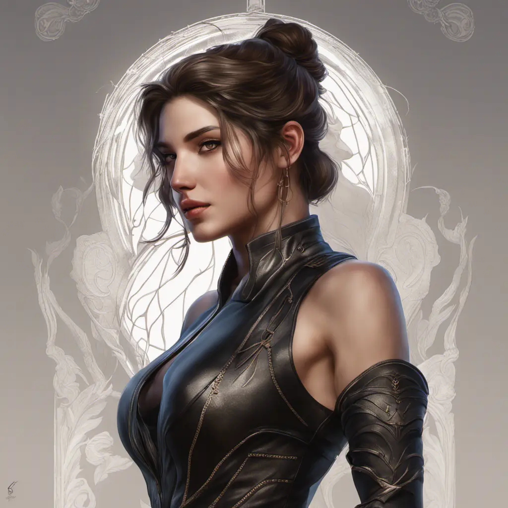 Alluring matte portrait of a beautiful Kassandra wearing black leather, 8k, Highly Detailed, Intricate, Half Body, Realistic, Sharp Focus, Volumetric Lighting, Fantasy, Elegant by Stanley Artgerm Lau, Alphonse Mucha, WLOP, Stefan Kostic