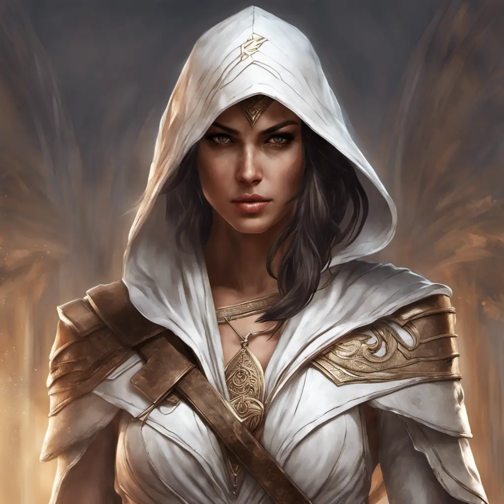 Alluring matte portrait of a fierce looking Kassandra in white Assassin's Creed style, 8k, Highly Detailed, Intricate, Half Body, Realistic, Sharp Focus, Volumetric Lighting, Fantasy, Elegant by Stanley Artgerm Lau, Alphonse Mucha, WLOP