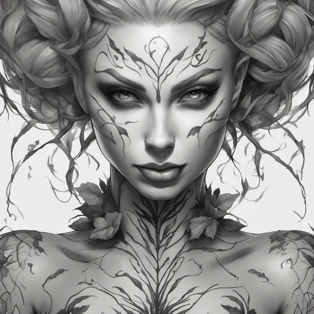 Closeup matte portrait of a tattooed Poison Ivy, symmetrical face, 8k, Highly Detailed, Intricate, Artstation, Matte Painting, Sharp Focus, Concept Art by Stanley Artgerm Lau, Greg Rutkowski