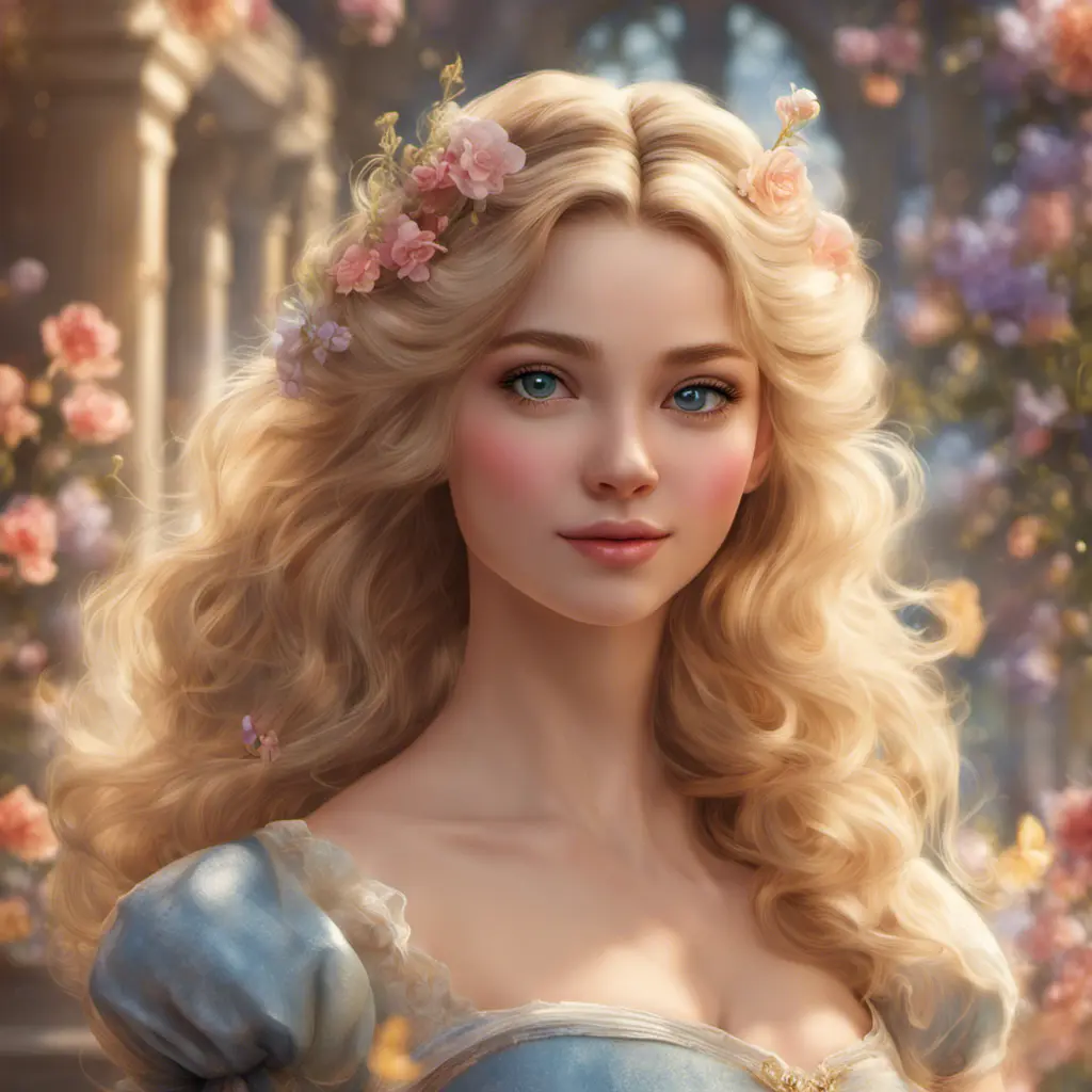 Cinderella, Atmospheric, High Definition, Highly Detailed, Hyper Detailed, Intricate Artwork, Intricate Details, Masterpiece, Ultra Detailed, Closeup of Face, Half Body, Beautiful, Gorgeous, Unimaginable Beauty, Blonde Hair, Large Eyes, Perfect Face, Pretty Face, Rosy Cheeks, Small Nose, Smiling, Matte Painting, Spring, Sunny Day, Sharp Focus, Centered, Beautifully Lit, Closeup Portrait, Portrait, Fantasy, Colorful, Vivid by Stefan Kostic