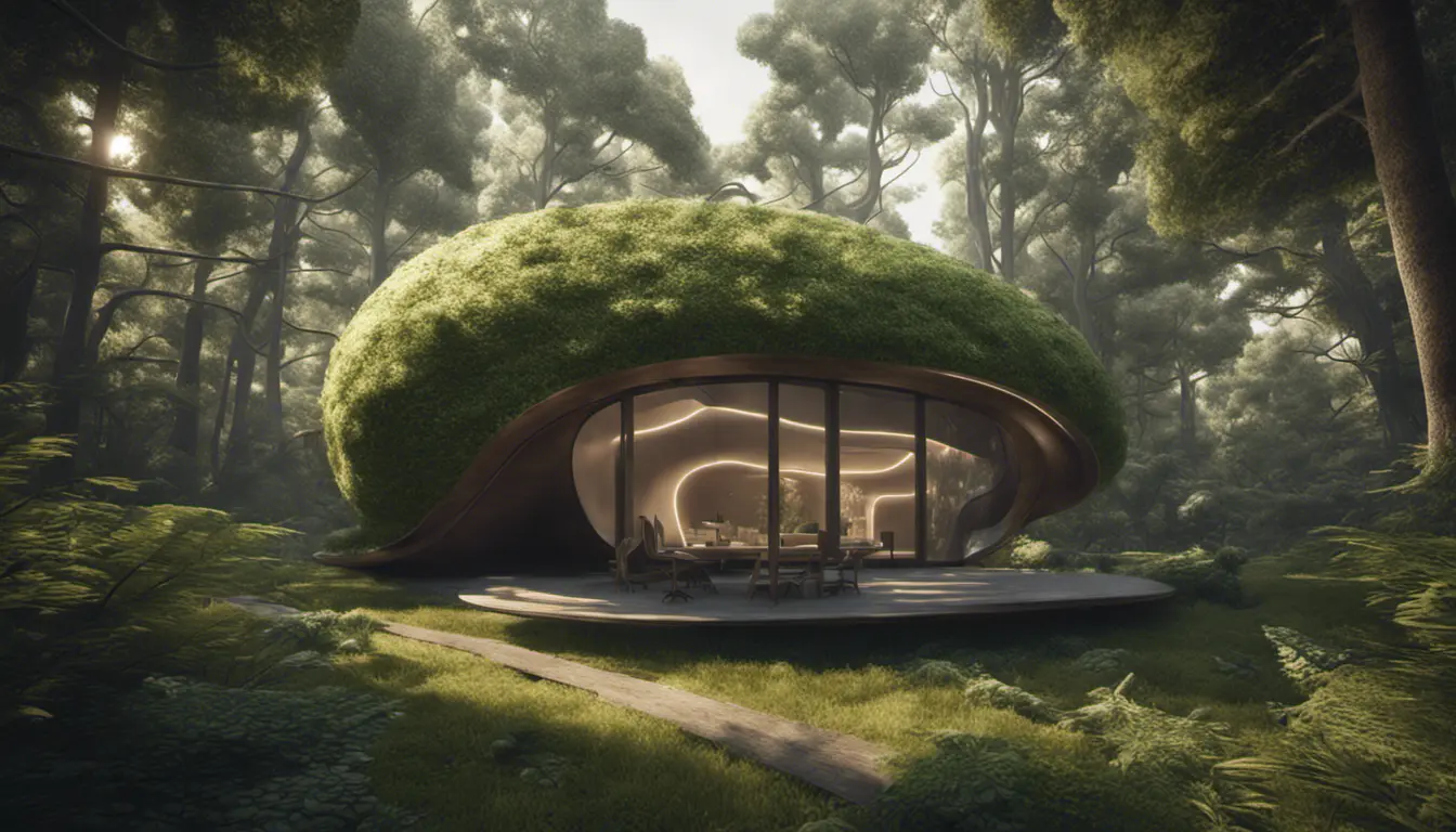 Beautiful futuristic organic house made from imaginary plants in a forest, 8k, Award-Winning, Highly Detailed, Beautiful, Epic, Octane Render, Unreal Engine, Radiant, Volumetric Lighting by Greg Rutkowski