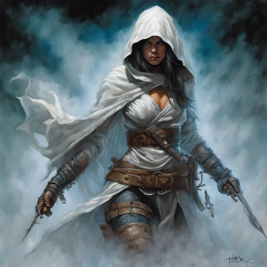 White hooded female assassin emerging from the fog of war, Highly Detailed, Vibrant Colors, Ink Art, Fantasy, Dark by Alex Horley