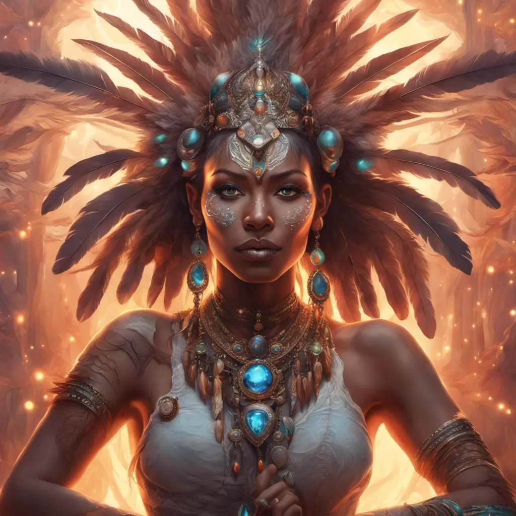 A visionary painting of a single alluring electronic mystical tribal goddess surrounded by feathers and gemstones, 8k, Highly Detailed, Intricate, Artstation, Matte Painting, Sharp Focus, Volumetric Lighting, Concept Art by Stanley Artgerm Lau, Greg Rutkowski