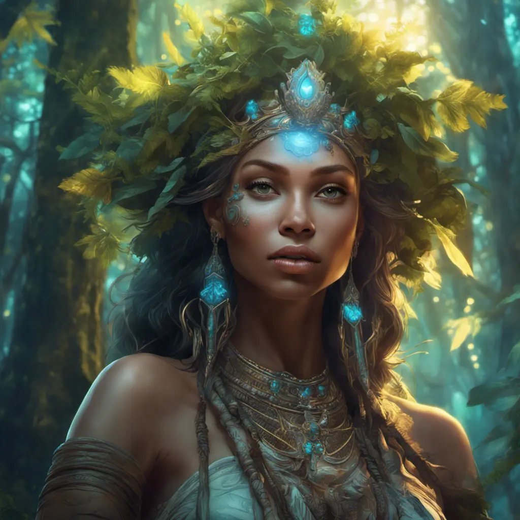 Closeup of a beautiful tribal queen in a magical forest, 4k, Highly Detailed, Masterpiece, Pretty Face, Digital Illustration, Cinematic Lighting, Realistic, Sharp Focus, Centered, Beautifully Lit, Bioluminescent by Stanley Artgerm Lau, Alphonse Mucha, Greg Rutkowski, Stefan Kostic