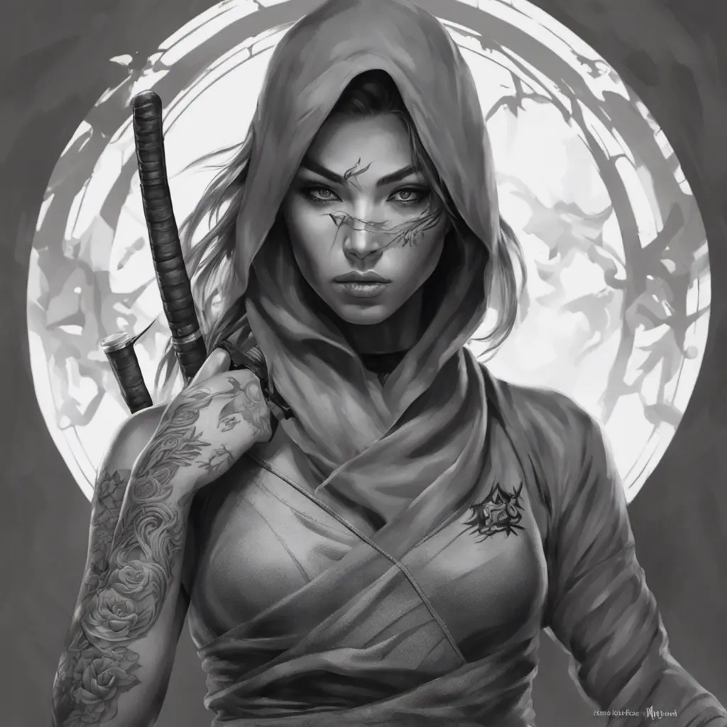 Grayscale matte portrait of a beautiful female ninja with tattoos, 4k, Highly Detailed, Powerful, Alluring, Artstation, Magical, Digital Painting, Photo Realistic, Sharp Focus, Volumetric Lighting, Concept Art by Stanley Artgerm Lau, Alphonse Mucha, Greg Rutkowski