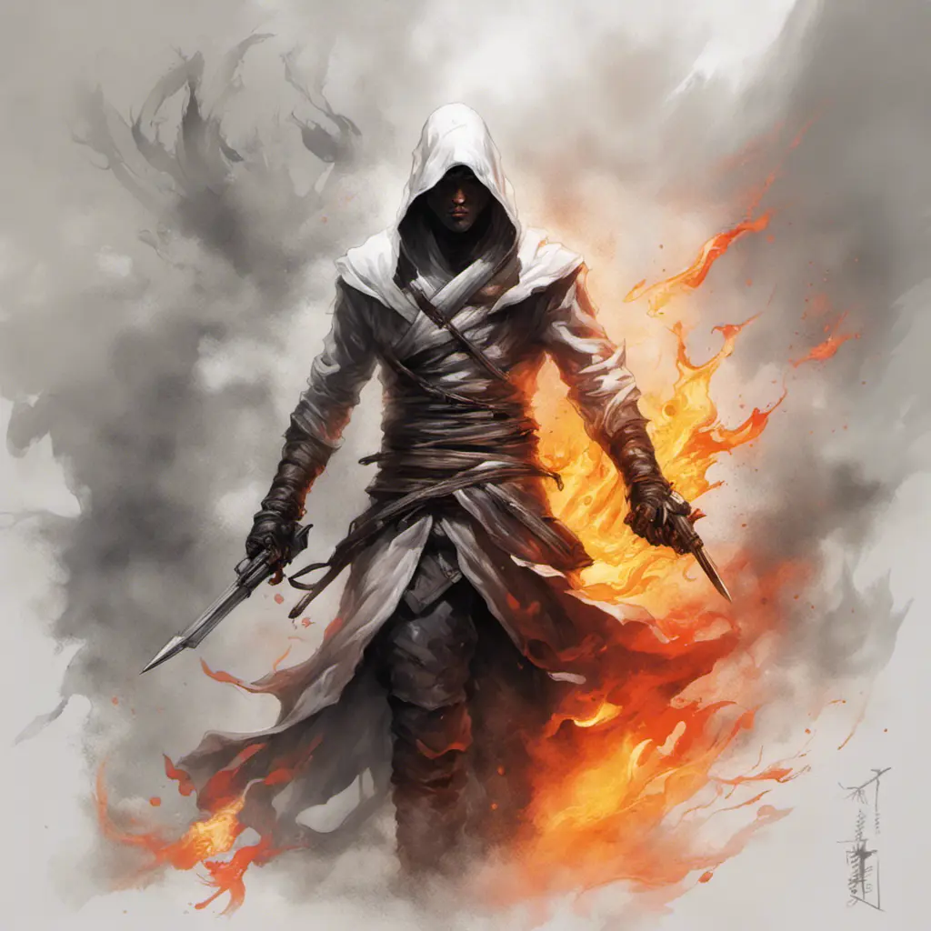 White Assassin emerging from a firey fog of battle, ink splash, Highly Detailed, Vibrant Colors, Ink Art, Fantasy, Dark by Stanley Artgerm Lau