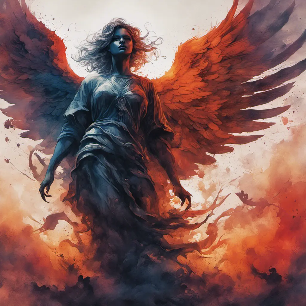 Silhouette of an Angel emerging from the fog of war, ink splash, Highly Detailed, Vibrant Colors, Ink Art, Fantasy, Dark by Stanley Artgerm Lau