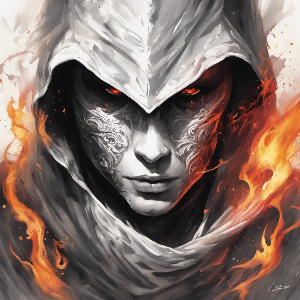 White Assassin emerging from a firey fog of battle, ink splash, Highly Detailed, Vibrant Colors, Ink Art, Fantasy, Dark by Stanley Artgerm Lau