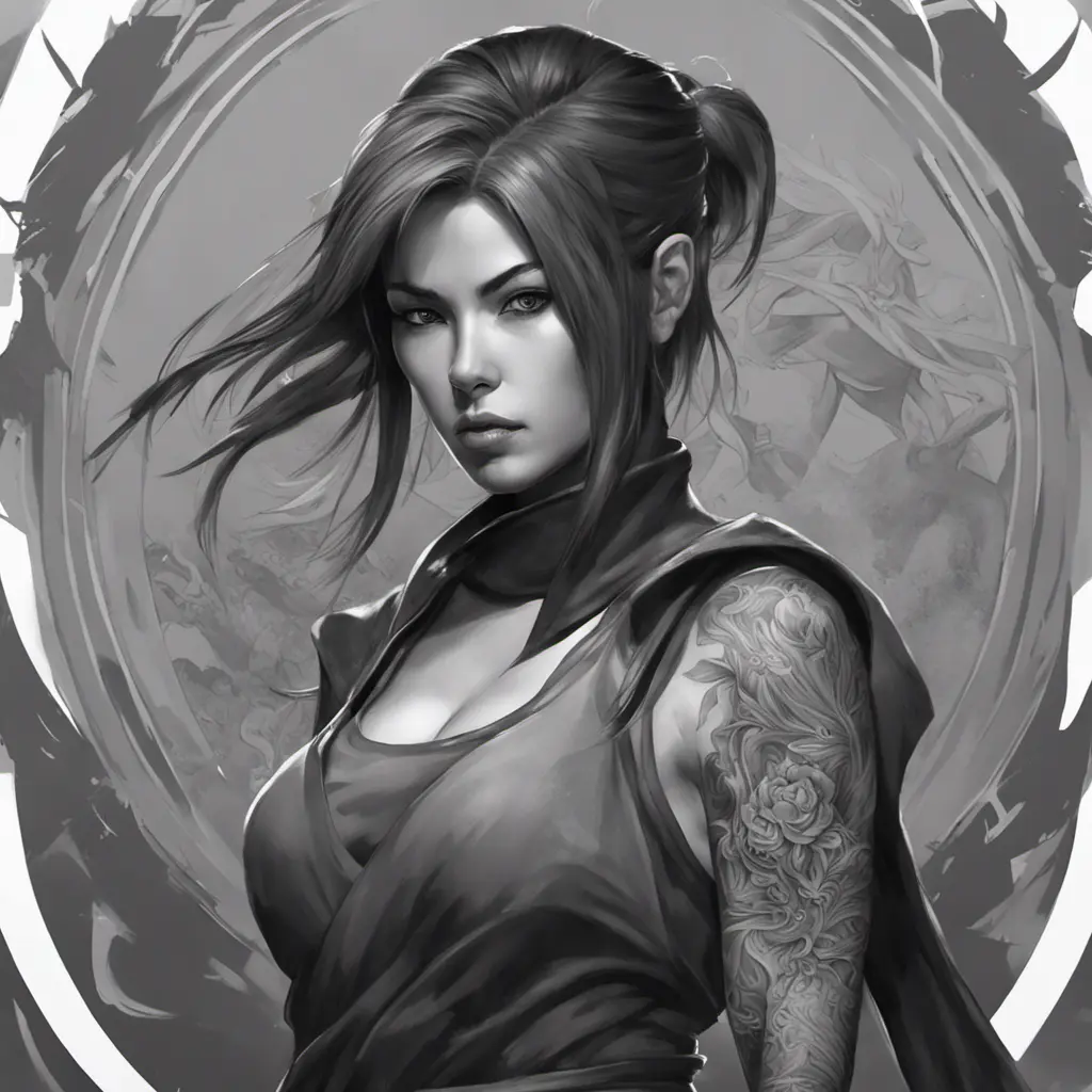 Grayscale matte portrait of a beautiful female ninja with tattoos, 4k, Highly Detailed, Powerful, Alluring, Artstation, Magical, Digital Painting, Photo Realistic, Sharp Focus, Volumetric Lighting, Concept Art by Stanley Artgerm Lau, Alphonse Mucha, Greg Rutkowski