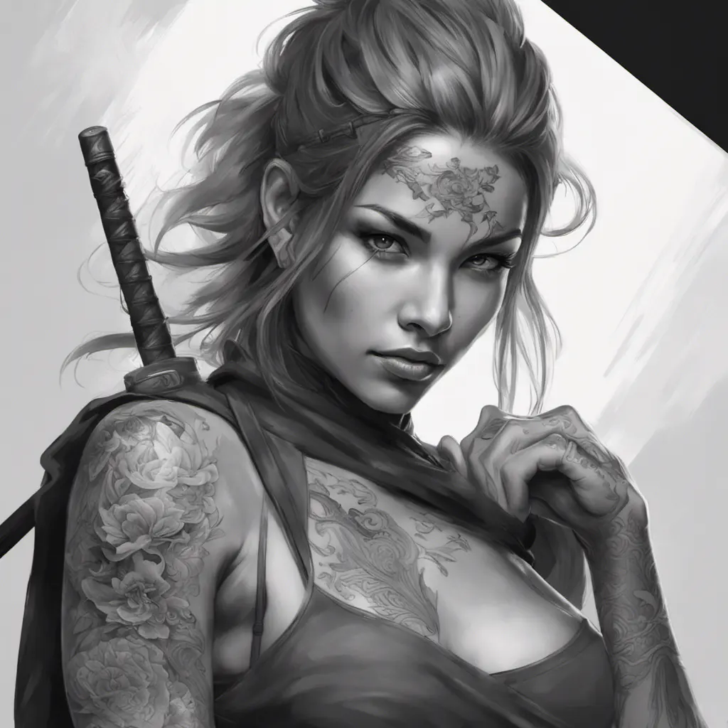 Grayscale matte portrait of a beautiful female ninja with tattoos, 4k, Highly Detailed, Powerful, Alluring, Artstation, Magical, Digital Painting, Photo Realistic, Sharp Focus, Volumetric Lighting, Concept Art by Stanley Artgerm Lau, Alphonse Mucha, Greg Rutkowski