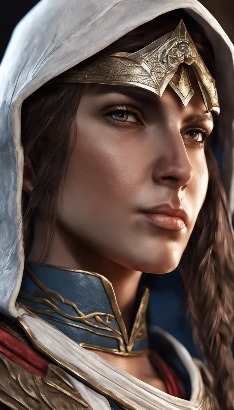 Closeup of Kassandra from Assassins Creed in white armor, 8k, Highly Detailed, Artstation, Beautiful, Digital Illustration, Sharp Focus, Unreal Engine, Concept Art