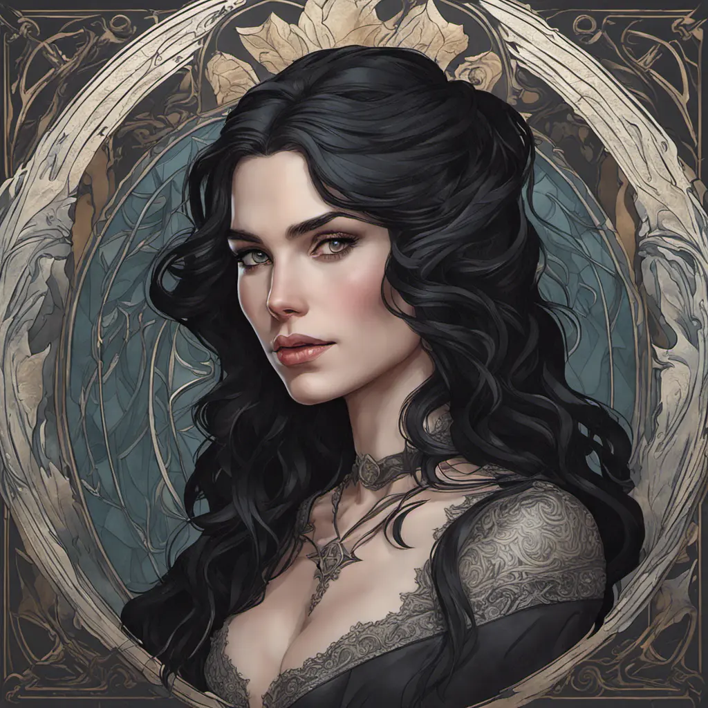 Alluring matte portrait of a beautiful Yennefer, 8k, Highly Detailed, Intricate, Half Body, Realistic, Sharp Focus, Volumetric Lighting, Fantasy, Elegant by Alphonse Mucha