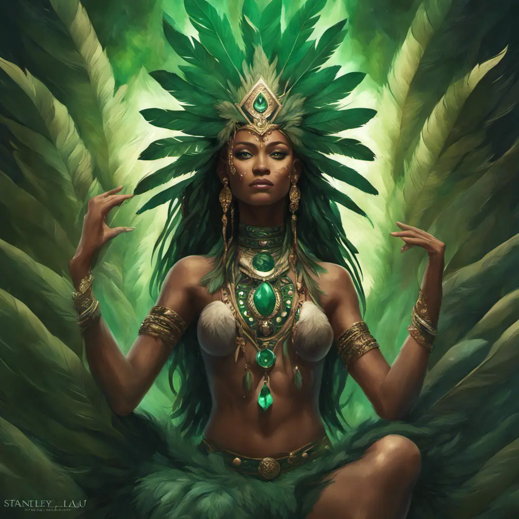 Visionary painting of an alluring mystical tribal goddess surrounded by feathers and emerald gemstones, 8k, Highly Detailed, Intricate, Artstation, Matte Painting, Sharp Focus, Volumetric Lighting, Concept Art by Stanley Artgerm Lau, Greg Rutkowski