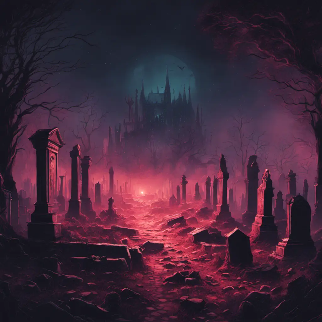 Hyper Detailed illustration of an eerie dystopian graveyard at night, 8k, Gothic and Fantasy, Horror, Epic, Sharp Focus, Deviantart by Alena Aenami, Studio Ghibli