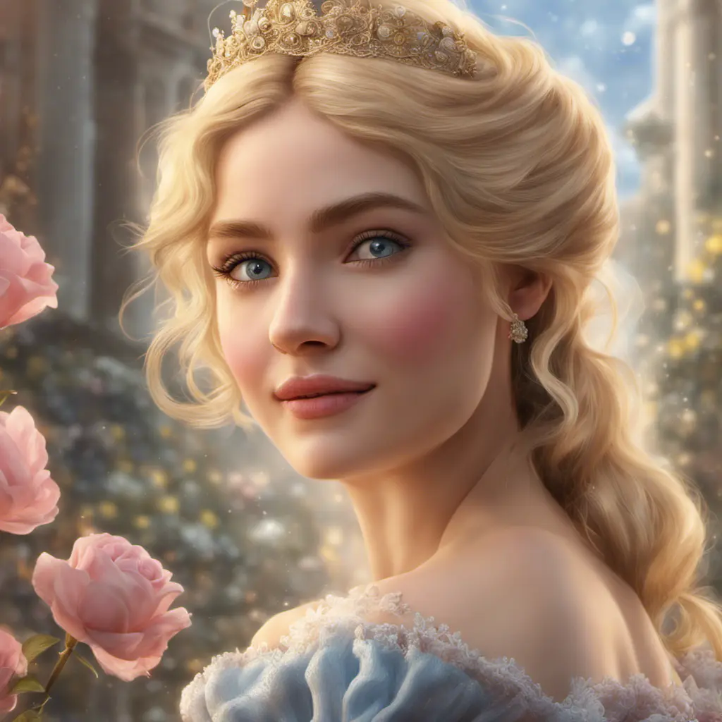 Cinderella, Atmospheric, High Definition, Highly Detailed, Hyper Detailed, Intricate Artwork, Intricate Details, Masterpiece, Ultra Detailed, Closeup of Face, Half Body, Beautiful, Gorgeous, Unimaginable Beauty, Blonde Hair, Large Eyes, Perfect Face, Pretty Face, Rosy Cheeks, Small Nose, Smiling, Matte Painting, Spring, Sunny Day, Sharp Focus, Centered, Beautifully Lit, Closeup Portrait, Portrait, Fantasy, Colorful, Vivid by Stefan Kostic