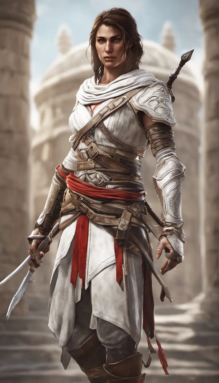 Kassandra from Assassins Creed in white armor, 8k, Highly Detailed, Artstation, Beautiful, Digital Illustration, Sharp Focus, Unreal Engine, Concept Art