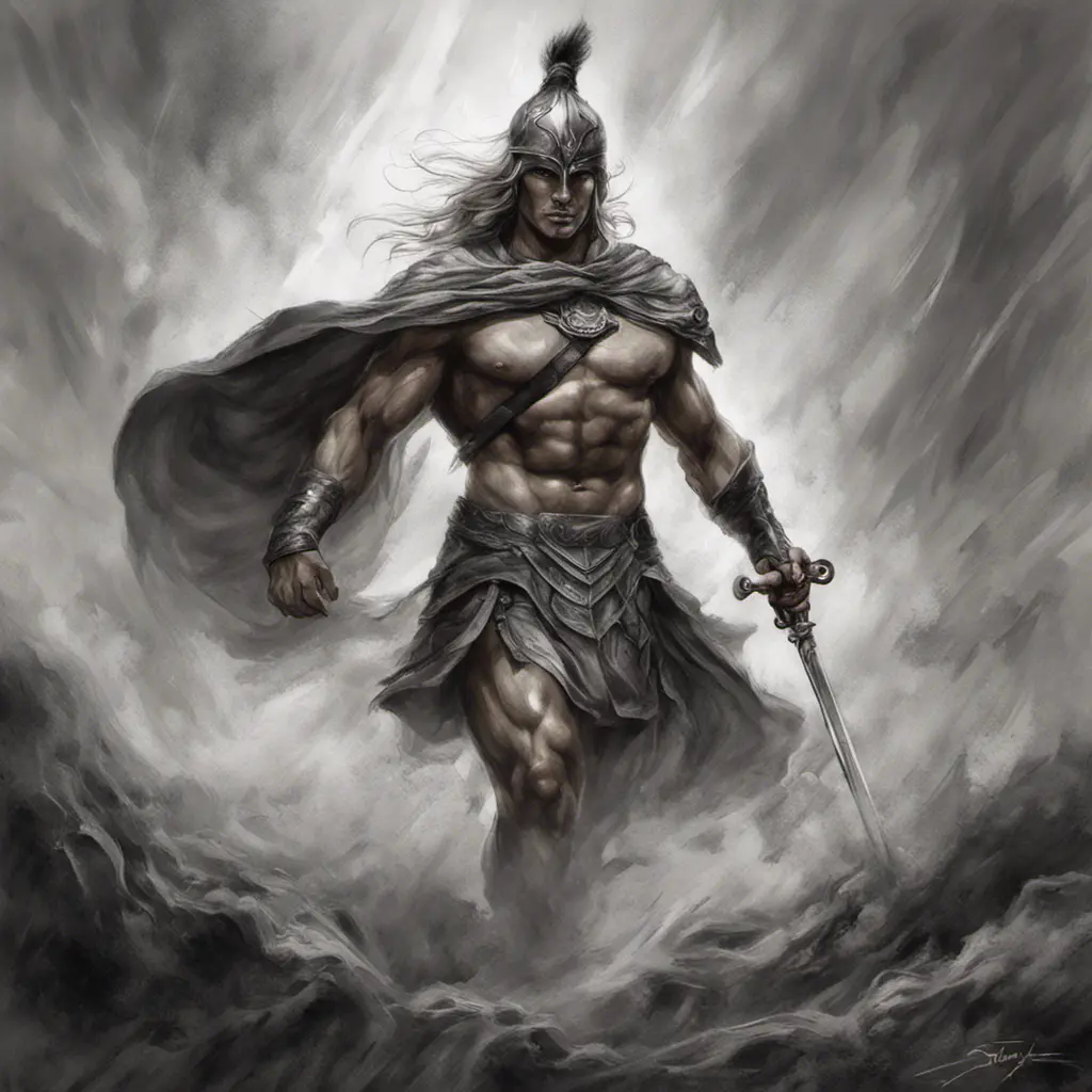 Achilles emerging from the fog of battle, Highly Detailed, Color Splash, Ink Art, Fantasy, Dark by Stanley Artgerm Lau