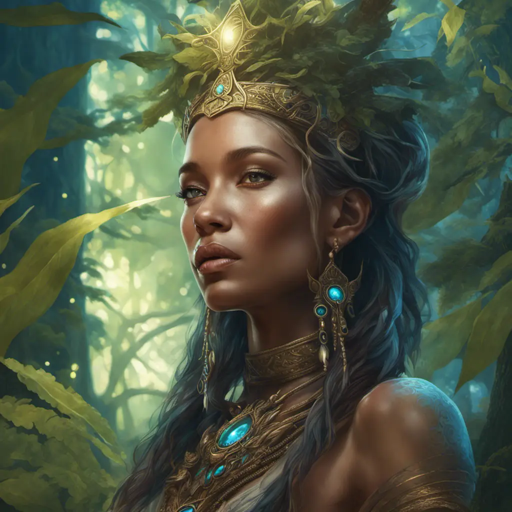 Closeup of a beautiful tribal queen in a magical forest, 4k, Highly Detailed, Masterpiece, Pretty Face, Digital Illustration, Cinematic Lighting, Realistic, Sharp Focus, Centered, Beautifully Lit, Bioluminescent by Stanley Artgerm Lau, Alphonse Mucha, Greg Rutkowski, Stefan Kostic