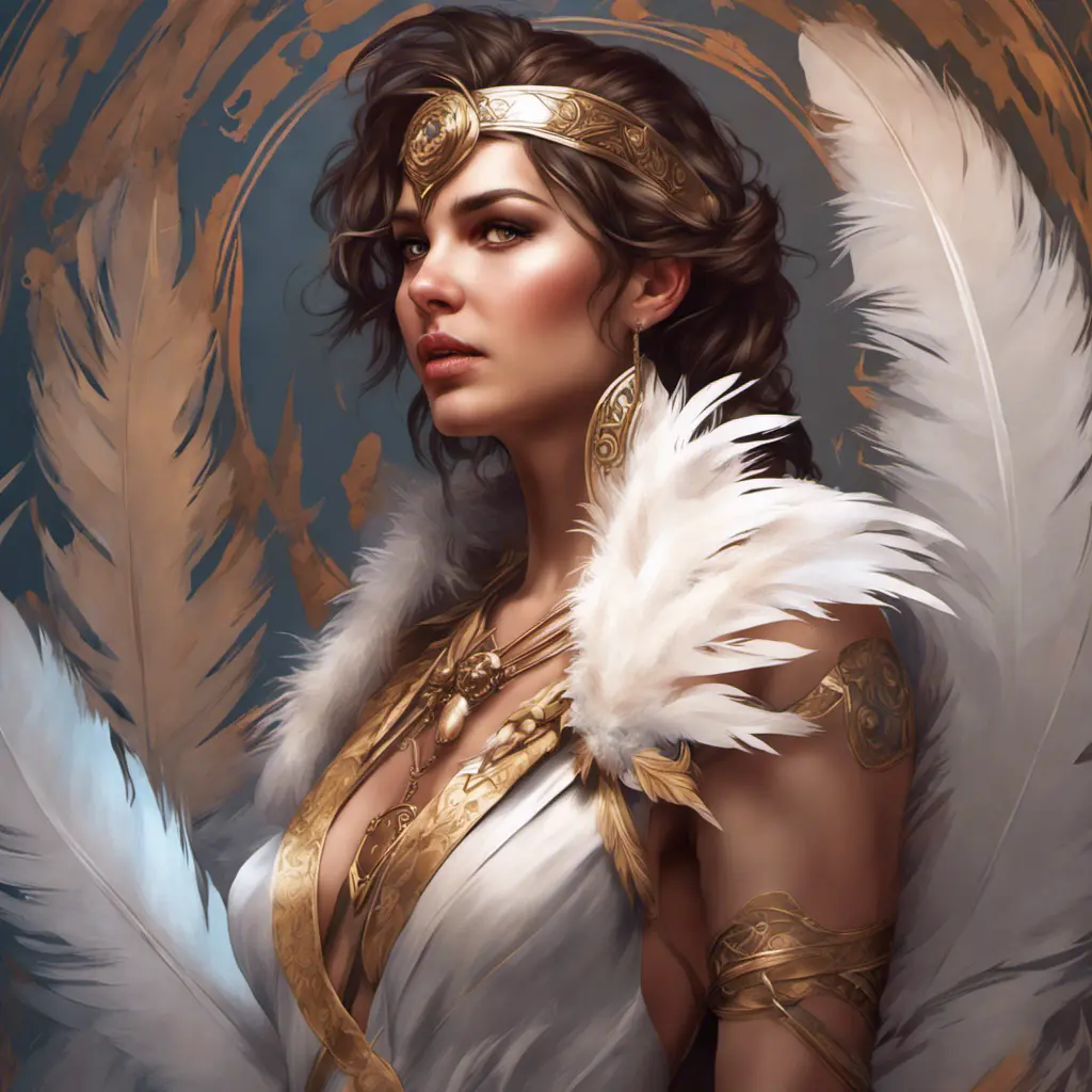 Alluring matte portrait of a beautiful Kassandra wearing feathers, 8k, Highly Detailed, Intricate, Half Body, Realistic, Sharp Focus, Volumetric Lighting, Fantasy, Elegant by Stanley Artgerm Lau, Alphonse Mucha, WLOP