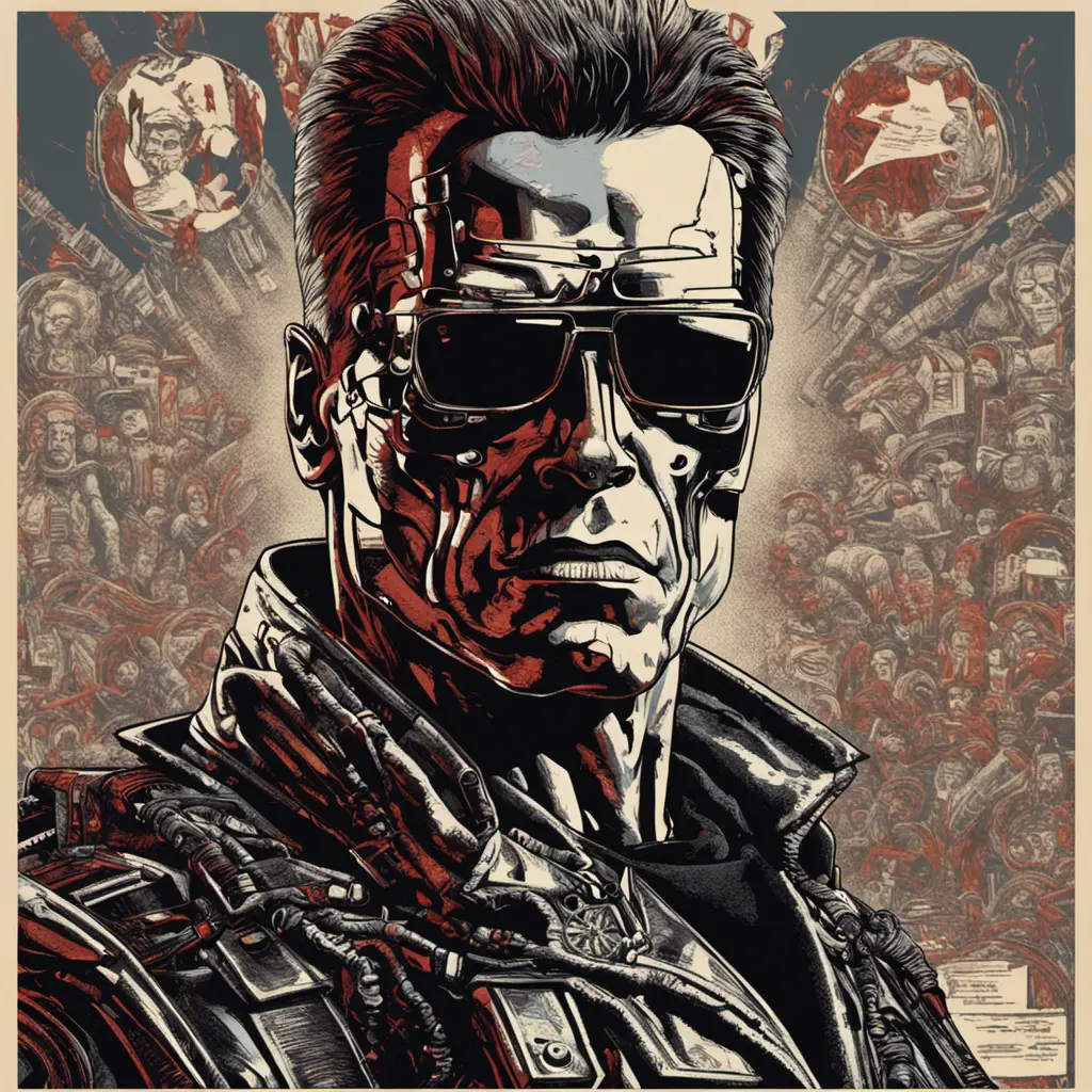 terminator for president, intricate soviet propaganda poster, Cyrillic text, Boris kriukov, vote for T800, sharp focus, text at bottom, Cyrillic, no blur, terminator t800, Dystopian, Highly Detailed, Hyper Detailed, Intricate Details, Ultra Detailed, Half Body, Post-Apocalyptic, Cyberpunk, Futuristic, Psychedelic, Retro-Futurism, Soviet Poster, Digital Painting, Poster, Propaganda Poster, Sharp Focus, Artgerm, Futurism by Beeple, Alex Grey, Alphonse Mucha