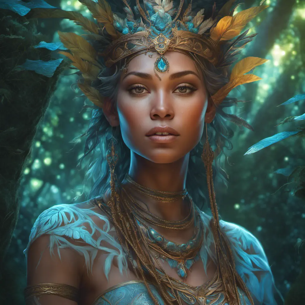 Closeup of a beautiful tribal queen in a magical forest, 4k, Highly Detailed, Masterpiece, Pretty Face, Digital Illustration, Cinematic Lighting, Realistic, Sharp Focus, Centered, Beautifully Lit, Bioluminescent by Stanley Artgerm Lau, Alphonse Mucha, Greg Rutkowski, Stefan Kostic