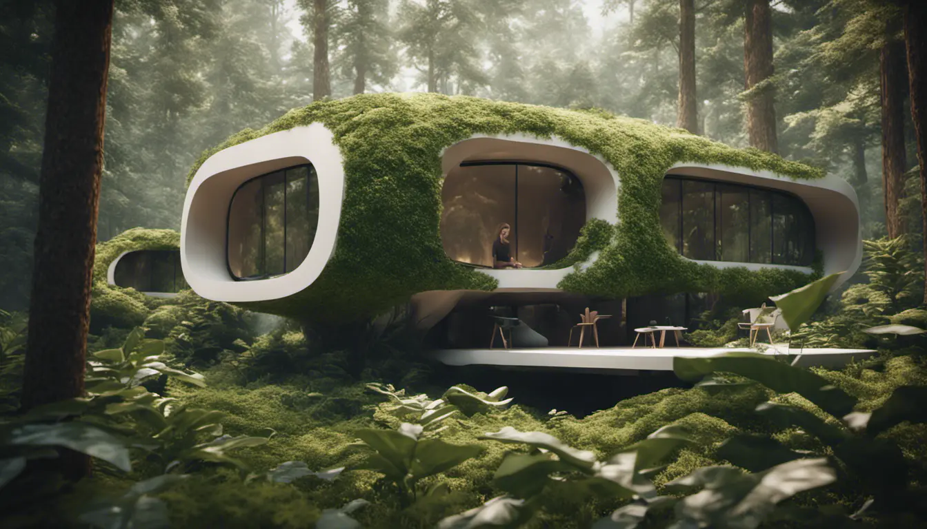 Beautiful futuristic organic house made from imaginary plants in a forest, 8k, Award-Winning, Highly Detailed, Beautiful, Epic, Octane Render, Unreal Engine, Radiant, Volumetric Lighting by Greg Rutkowski