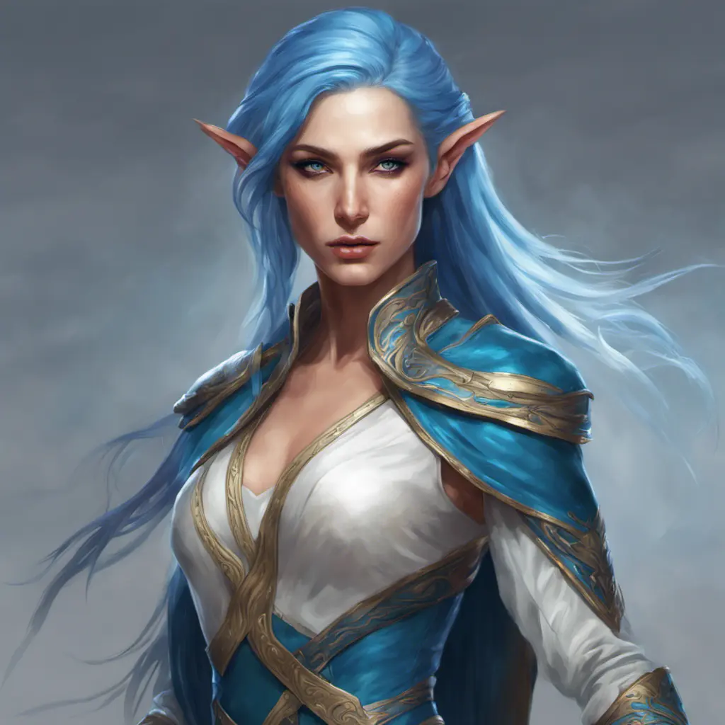 D&D concept art of gorgeous elven woman with blue hair in the style of Stefan Kostic, 8k, High Definition, Highly Detailed, Intricate, Half Body, Realistic, Sharp Focus, Fantasy, Elegant by Stanley Artgerm Lau, Luis Ricardo Falero