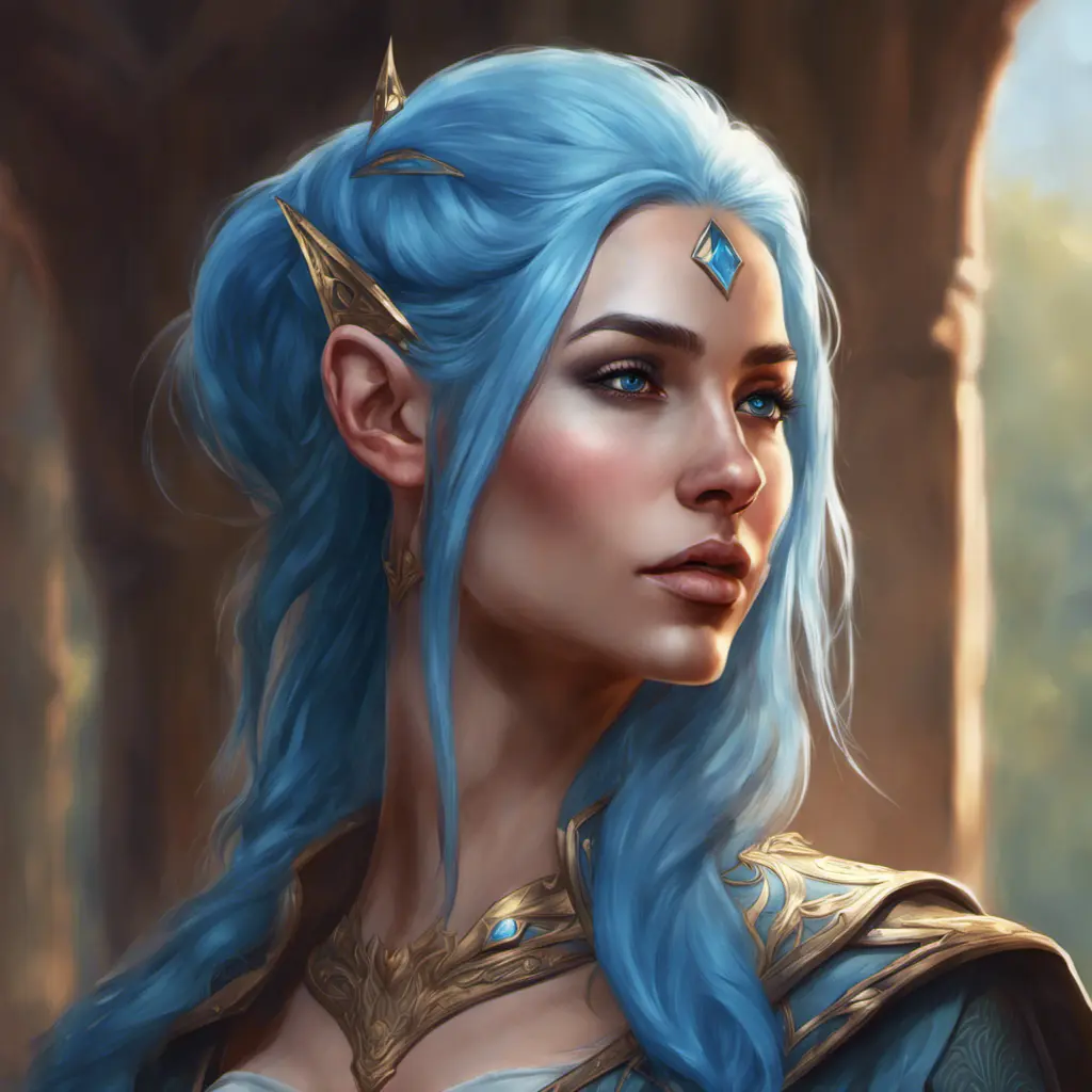 D&D concept art of gorgeous elven woman with blue hair in the style of Stefan Kostic, 8k, High Definition, Highly Detailed, Intricate, Half Body, Realistic, Sharp Focus, Fantasy, Elegant by Stanley Artgerm Lau, Luis Ricardo Falero