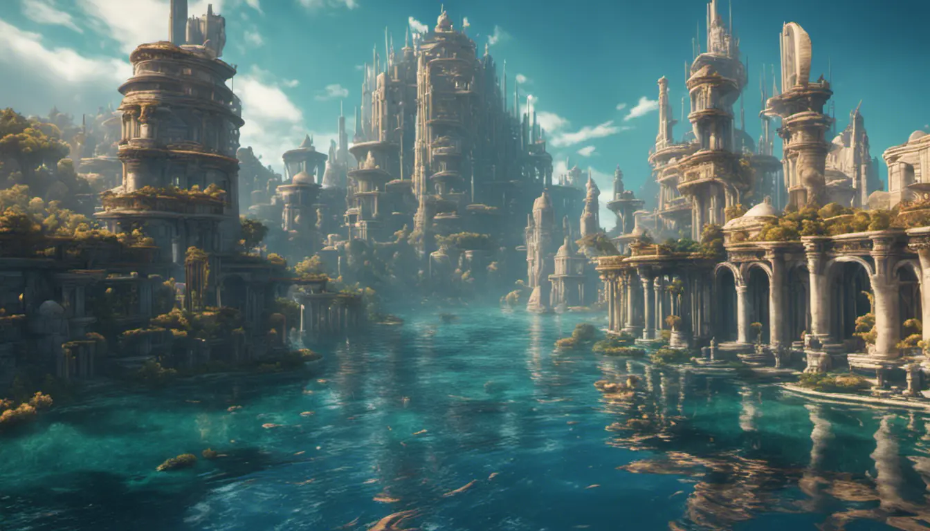 Matte portrait of a thriving undewater city of Atlantis, Highly Detailed, Beautiful, Stunning, Realistic, Octane Render, Unreal Engine, Volumetric Lighting, Vibrant Colors