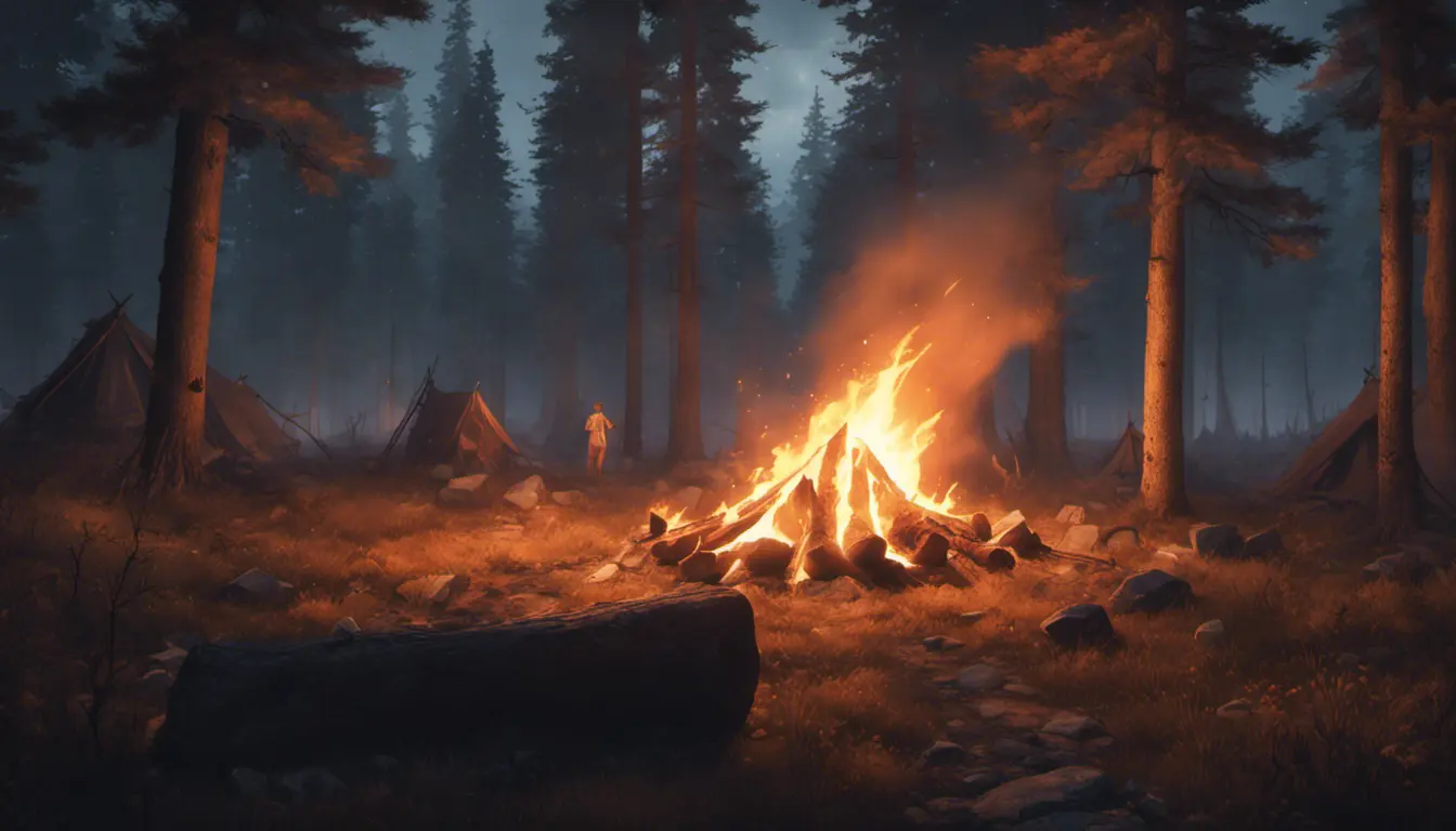 A highly detailed matte painting of a camp fire in the forest at night in the style of Firewatch, 4k resolution, Masterpiece, Trending on Artstation, Volumetric Lighting by Stanley Artgerm Lau, Greg Rutkowski, Makoto Shinkai, WLOP