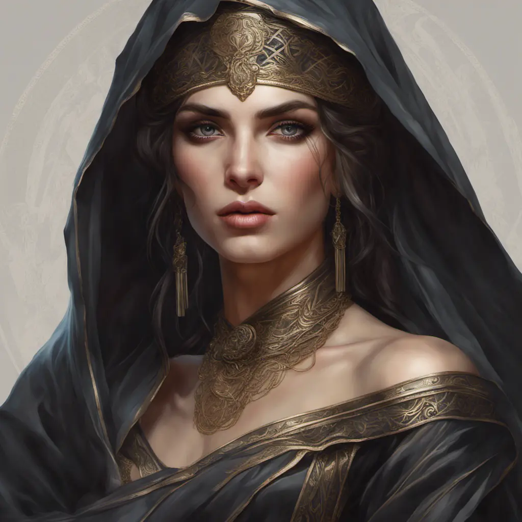 Alluring matte portrait of a beautiful veiled Kassandra wearing a black veil, 8k, Highly Detailed, Intricate, Half Body, Realistic, Sharp Focus, Volumetric Lighting, Fantasy, Elegant by Stanley Artgerm Lau, Alphonse Mucha, WLOP