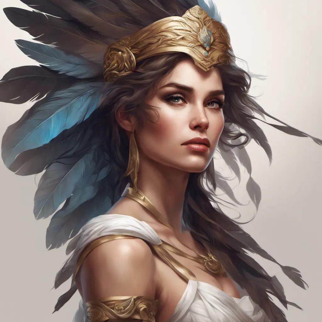 Alluring matte portrait of a beautiful Kassandra wearing feathers, 8k, Highly Detailed, Intricate, Half Body, Realistic, Sharp Focus, Volumetric Lighting, Fantasy, Elegant by Stanley Artgerm Lau, Alphonse Mucha, WLOP