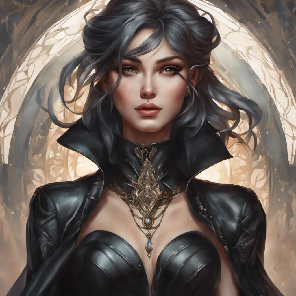 Alluring matte portrait of a beautiful Sona wearing black leather, 8k, Highly Detailed, Intricate, Half Body, Realistic, Sharp Focus, Volumetric Lighting, Fantasy, Elegant by Stanley Artgerm Lau, Alphonse Mucha, WLOP