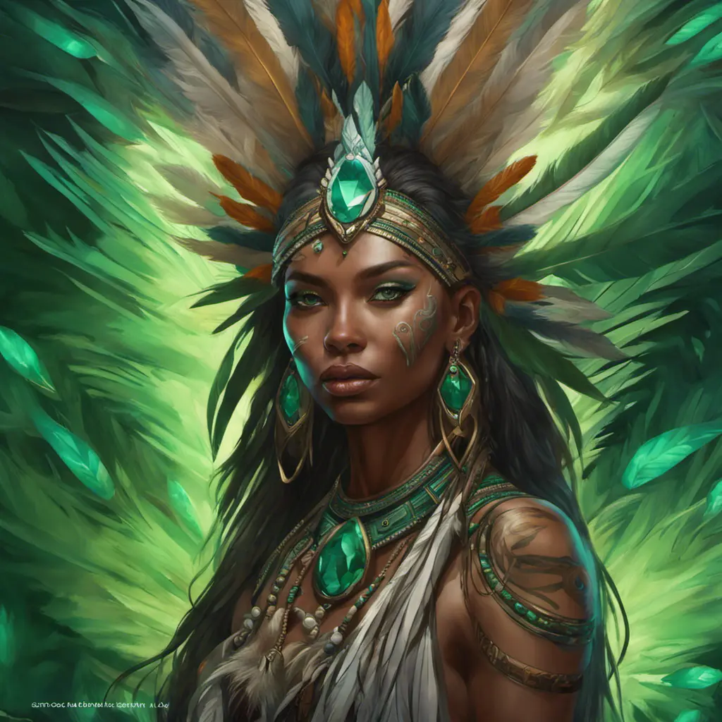 Visionary painting of an alluring mystical tribal goddess surrounded by feathers and emerald gemstones, 8k, Highly Detailed, Intricate, Artstation, Matte Painting, Sharp Focus, Volumetric Lighting, Concept Art by Stanley Artgerm Lau, Greg Rutkowski