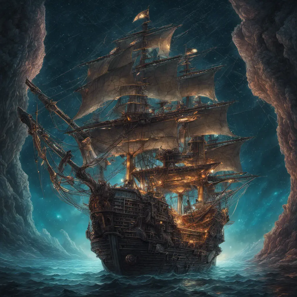 Pirate Ship, Intricate, Ultra Detailed, Symmetry, Beautiful, Sharp Focus, Astrophotography, Centered, Volumetric Lighting by Dan Mumford, Marc Simonetti