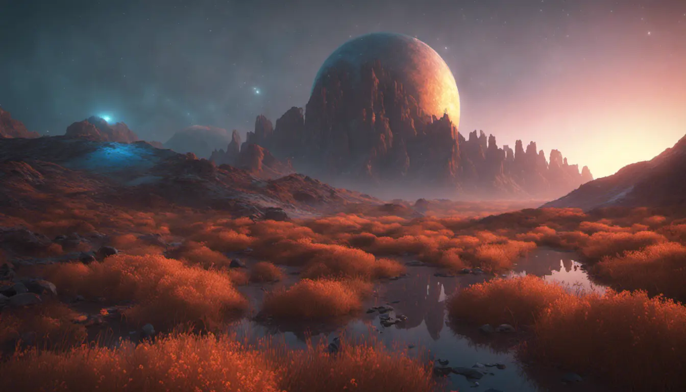 Iridescent opalescent landscape, warm tones, 8k, Award-Winning, Highly Detailed, Beautiful, Octane Render, Unreal Engine, Bioluminescent, Radiant, Volumetric Lighting by Michal Karcz