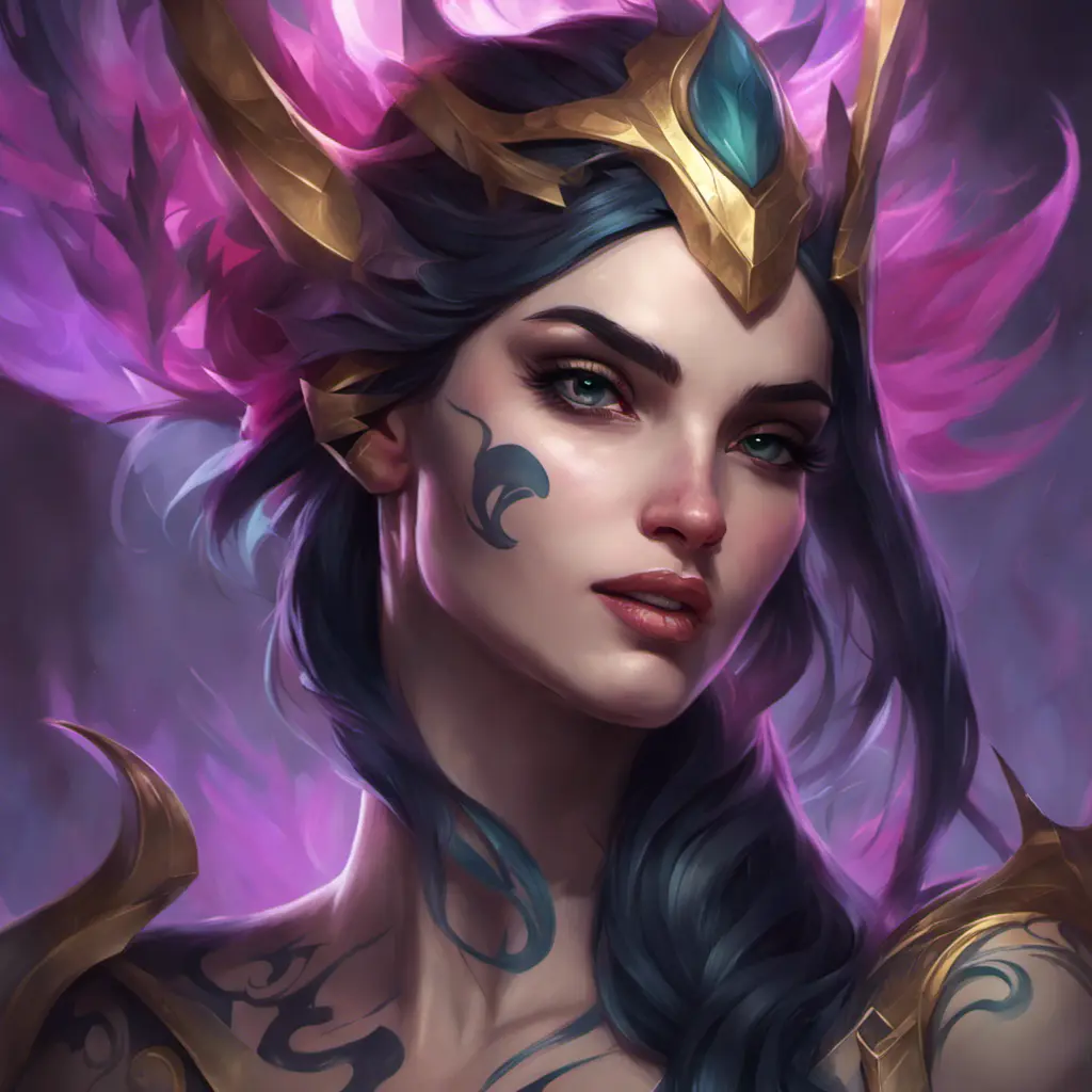 Matte portrait of Morgana from League of Legends with tattoos, 8k, Highly Detailed, Powerful, Alluring, Artstation, Magical, Digital Painting, Photo Realistic, Sharp Focus, Volumetric Lighting, Concept Art by Stanley Artgerm Lau, Alphonse Mucha, Greg Rutkowski