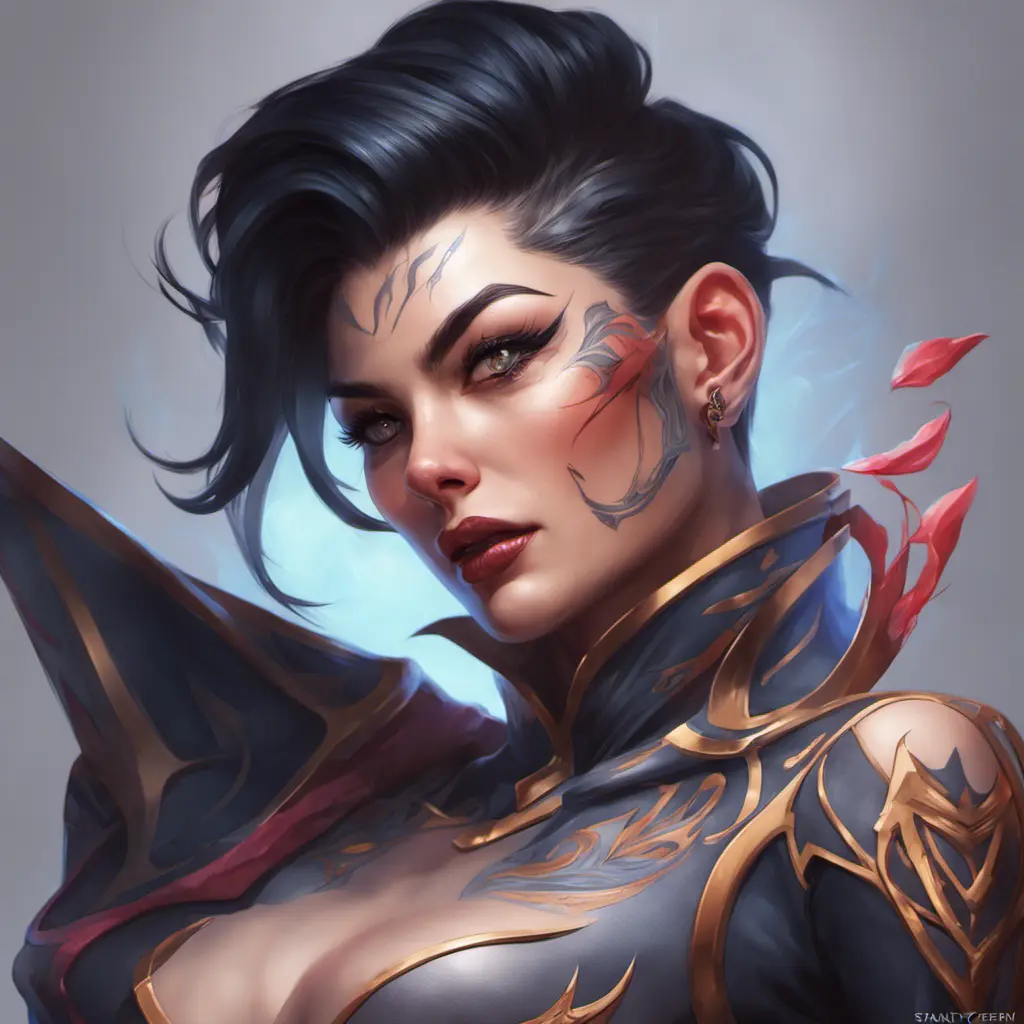 Matte portrait of Vayne from League of Legends with tattoos, 8k, Highly Detailed, Powerful, Alluring, Artstation, Magical, Digital Painting, Photo Realistic, Sharp Focus, Volumetric Lighting, Concept Art by Stanley Artgerm Lau, Alphonse Mucha, Greg Rutkowski