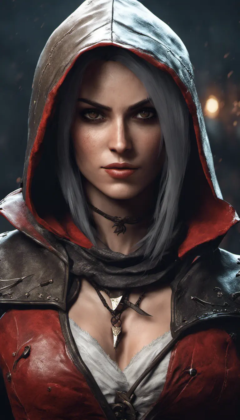 Female rouge assassin in The Witcher 3 Style, 4k, Highly Detailed, Beautiful, Cinematic Lighting, Sharp Focus, Volumetric Lighting, Closeup Portrait, Concept Art