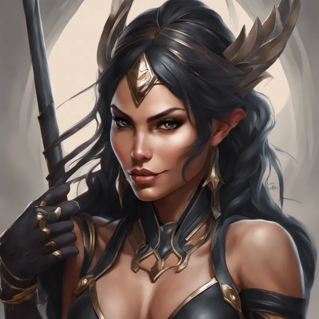 Alluring matte portrait of a beautiful Nidalee wearing black leather, 8k, Highly Detailed, Intricate, Half Body, Realistic, Sharp Focus, Volumetric Lighting, Fantasy, Elegant by Stanley Artgerm Lau, Alphonse Mucha, WLOP